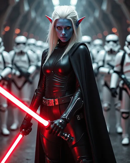 Prompt: Beautiful young blue-skinned alien woman, long chalk white hair, vivid luminous yellow eyes, black Sith Lord robes, black leather bodysuit, armored leggings and boots, holding glowing red lightsaber, Star Wars hangar bay with white clad Storm Troopers in background, detailed, dynamic aggressive stance, lightsaber held high & ready to strike, cinematic lighting, high-res photography, realistic, intricate details, intense gaze, sci-fi, vibrant colors, dramatic, professional lighting