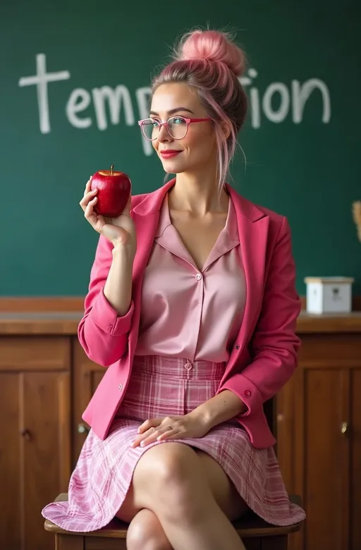 Prompt: Beautiful buxom school teacher, (gorgeous face), (green eyes), (silky pink updo hair), (pink metal rimmed glasses), (pink jacket), (pink silk blouse), (pink wool plaid skirt), (heels), emphasize her bosomy physique, flirtatiously sitting profile on her wooden desk holding a perfect red apple, (chalkboard backdrop), the word "temptation" written on the chalkboard, (well-lit scene), (cheerful ambiance), (high detail), (8K resolution), (photorealistic), crisp focus, vibrant colors, engaging expression, inviting atmosphere, elegant and professional setting.