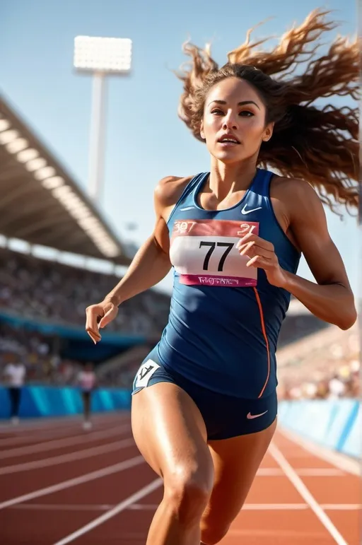Prompt: Attractive track athlete woman running down a long-jump pathway at The Olympics, wearing number 7, crowded stadium background, long flowing hair trails behind her, dynamic fluid motion, photorealistic, sports photo, high-res, dramatic lighting, vibrant colors, high energy atmosphere, captivating action shot, ultra-detailed, 4K, intense focus, the crowd blurred to emphasize motion, stadium lights shining brightly, realistic facial expression showing determination, golden hour.