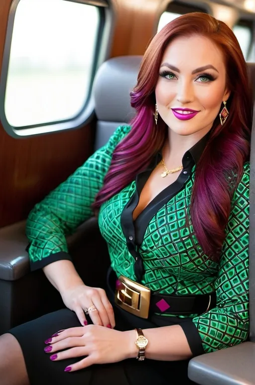 Prompt: Sophisticated beautiful Eurasian businesswoman, age 30, vibrant green eyes, long auburn-magenta hair, arched eyebrows, prominent cheekbones, plum makeup, gold & diamond jewelry, warm smile, flawless face, black & white harlequin pattern blouse, curvaceous bosomy figure, black belt, black skirt, black boots, sitting in a first class train seat, Relaxed pose, luxury setting, pro lighting, sharp focus, high-res, pro photo