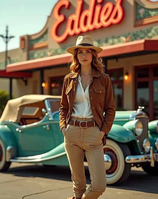 Prompt: photorealistic, (Publicity photo) famed 1930s adventure traveller Carmen San Diego, brown suede pilots jacket, white shirt, belted khaki slacks, brown leather boots, straw fedora, standing  next to a luxurious boat-tailed Chord roadster, in front of a stunning stucco walled art deco restaurant with huge stylish neon sign that reads "Eddies", silky auburn hair, gorgeous oval face, green eyes, (sunny California day), bright and inviting atmosphere, captivating color palette, ultra-detailed, 8K resolution, high-quality image.