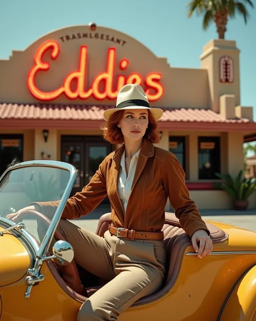 Prompt: photorealistic, (Publicity photo) famed 1930s adventure traveller Carmen San Diego, brown suede pilots jacket, white shirt, belted khaki slacks, brown leather boots, straw fedora, sitting in a luxurious boat-tailed Chord roadster, in front of a stunning stucco walled art deco restaurant with huge stylish neon sign that reads "Eddies", silky auburn hair, gorgeous oval face, green eyes, (sunny California day), bright and inviting atmosphere, captivating color palette, ultra-detailed, 8K resolution, high-quality image.