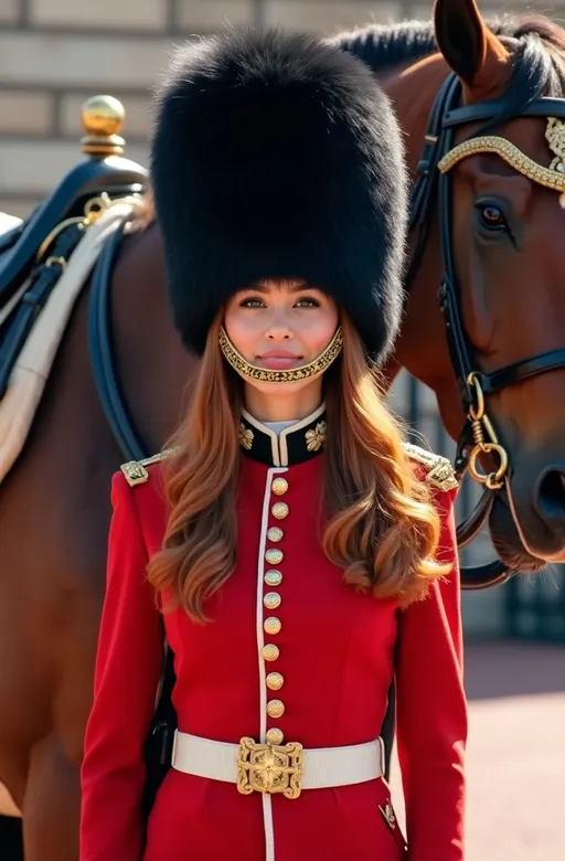 Prompt: Gorgeous Palace Guard woman in traditional beefeater costume and bearskin hat is standing next to a huge horse with ornate saddle and leather tack, silky cinnamon-auburn hair, sunny day, Buckingham Palace gate, high detail & quality, 8k, pro photo.