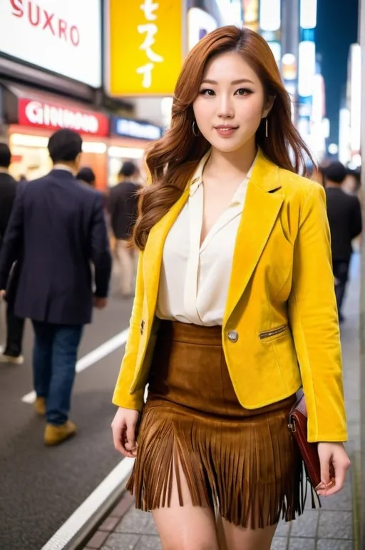 Prompt: Young Japanese woman, vibrant gray eyes, long auburn hair, beautiful diamond face, curvaceous figure, wearing a yellow blouse, brown fringed suede jacket, khaki skirt, brown fashion boots, walking in Tokyo Ginza, night scene, colorful neon lights, photo, high-res, vibrant, urban, Japanese fashion, detailed hair, buxom physique, professional photography, night lights, cityscape, Tokyo, stylish outfit, elegant, modern