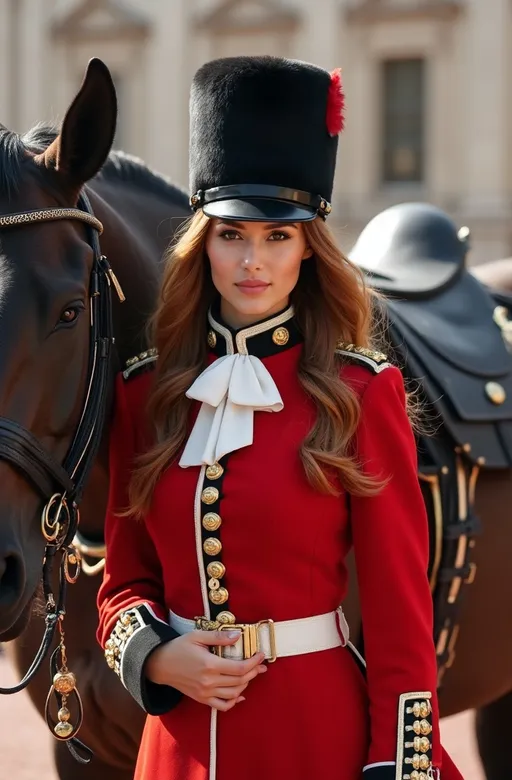 Prompt: Gorgeous Palace Guard woman in (traditional beefeater costume), elegantly posed beside a (huge horse) adorned with an (ornate saddle and leather tack), showcasing her (silky cinnamon-auburn hair) flowing in a gentle breeze. Set against the majestic backdrop of (Buckingham Palace gate) under a beautifully (sunny day). Rich in detail and texture, high-quality (8K resolution), strikingly vivid colors, and (photorealistic) finish make this image a masterpiece.