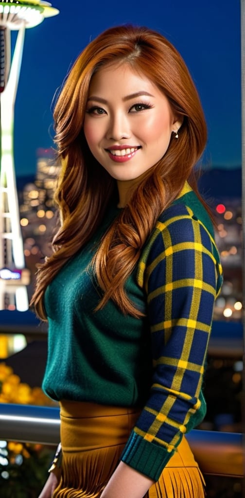 Prompt: Beautiful curvaceous:2.0 Japanese model, very long & thick auburn hair, intricate golden-ratio face, warm smile, yellow tweed sweater, green plaid pencil skirt, brown fringed suede boots, Seattle Space Needle & skyline in the background at night, high-res, professional photo, warm lighting, detailed facial features, modern urban setting, vibrant city lights, stylish attire, detailed hair, warm color tones, professional photography
