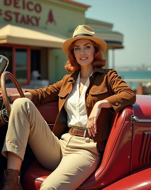 Prompt: photorealistic, (Publicity photo) famed 1930s adventure traveller Carmen San Diego, brown suede pilots jacket, white shirt, belted khaki slacks, brown leather boots, straw fedora, sitting in a luxurious boat-tailed Cord roadster, in front of a stunning art deco restaurant, silky auburn hair, gorgeous oval face, green eyes, (sunny California day), bright and inviting atmosphere, captivating color palette, ultra-detailed, 8K resolution, high-quality image.