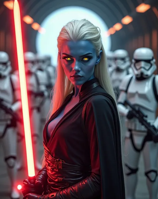 Prompt: Beautiful young blue-skinned alien woman, long chalk white hair, vivid luminous yellow eyes, black Sith Lord robes, black leather bodysuit, armored leggings and boots, holding glowing red lightsaber, Star Wars hangar bay with white clad Storm Troopers in background, detailed, dynamic aggressive stance, lightsaber held high & ready to strike, cinematic lighting, high-res photography, realistic, intricate details, intense gaze, sci-fi, vibrant colors, dramatic, professional lighting