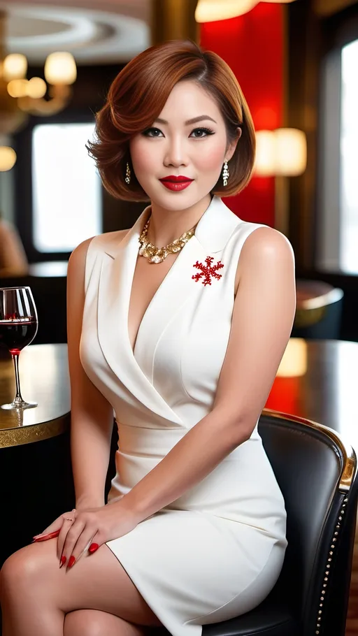 Prompt: Elegant Japanese woman, curvaceous figure, vibrant eyes, auburn bob, beautiful diamond face, arched eyebrows, prominent cheekbones, bright red lipstick, gold & ruby snowflake necklace, black & white print lapel collared sleeveless dress, white heels, sitting in a luxurious restaurant, comely expression, professional lighting, high-res, professional photo, luxurious setting, detailed features, chic and sophisticated, elegant attire, bosomy physique, red nail varnish, holding a glass of red wine