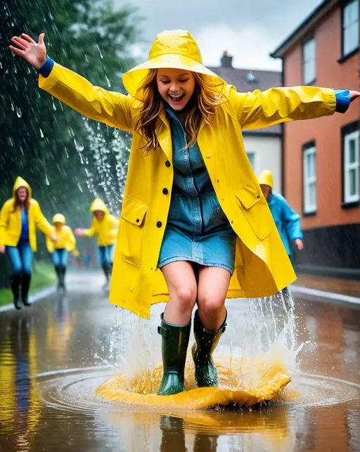 Prompt: (capture the moment) cute young women in yellow raincoats, yellow rain hats, big black rubber boots, joyfully jumping in puddles, splashes of water around, vibrant, playful atmosphere, cozy and cheerful ambiance, dramatic raindrops falling from a cloudy sky, ultra-detailed, high-resolution photographic quality, outdoors, filled with fun and laughter, dynamic composition, natural lighting, youthful innocence.