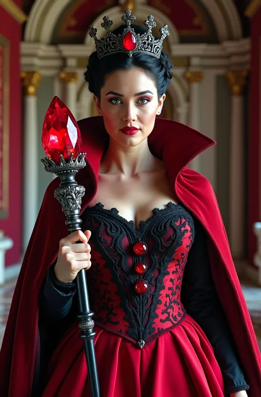 Prompt: Cinematic photo of Beautiful Red Queen, elegant (red silk gown) with high collar, black lace bodice, and (red velvet cape), intricate (black iron and ruby crown), stunning (pale skin), (jet black hair), striking (blue eyes), intense gaze and confident smile, standing proudly, showcasing her curvy buxom figure, in a grand red and white (marble throne room) adorned with (maroon banners) and (tapestries), holding an ornate silver and black scepter with a huge glowing ruby gemstone (pulsing with magic energy), high detail & quality, (8k resolution), beautifully illuminated, highlighting her flawless diamond shaped face and piercing eyes, capturing her confidence grace and power, dramatic atmosphere, regal ambiance.