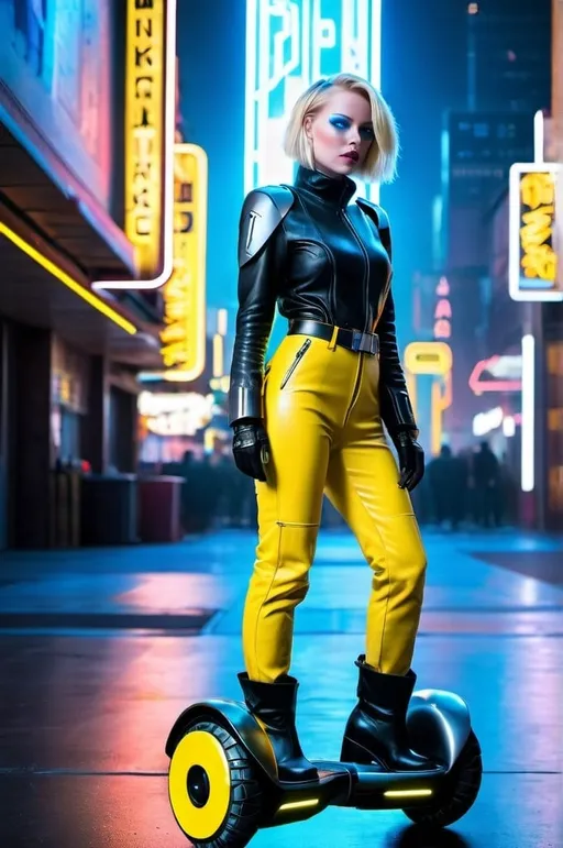 Prompt: Cyberpunk woman with ice-blue eyes, blonde bob, gothic makeup, riding futuristic hover-board, urban dystopian cityscape, robots, neon signs, yellow leather jumpsuit, black leather boots, high-tech, professional, cinematic photography, high-res, futuristic, bright lighting, stark high-contrast colors, detailed facial features, sleek design, urban cyberpunk, intense gaze, professional, atmospheric lighting