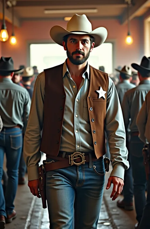 Prompt: Rugged old-west sheriff, (piercing blue eyes), (dark hair), (light beard), (white hat), (chambray shirt), (suede vest), (star shaped silver badge), (jeans), (boots), (gun belt with holstered silver Colt revolver), walking into a (crowded, dirty saloon), (cinematic atmosphere), (tense mood), (filtered light filtering through dust), (highly detailed), (8K resolution), (photorealistic quality), (dramatic shadows).