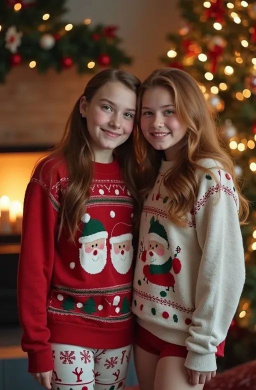 Prompt: photorealistic, (adorably cute chubby teen sisters age 15-17) posing for a Christmas portrait, chestnut-auburn hair, (whimsical Christmas sweaters & pajama bottoms), emphasize plump round bosomy thick physique, cozy living room decorated for the holidays, warm happy vibe, high detail & quality, (high detailed faces:2.0), 8k UHD, DSLR photography, soft inviting lighting, film grain texture, nostalgic Kodachrome ISO 100, ultra-detailed environment with festive decorations, comfortable ambiance.