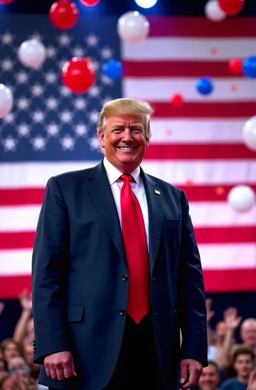 Prompt: (smiling Donald Trump), dark blue suit, red tie, huge American flag backdrop, stage setting, red, white & blue balloons falling, vibrant stage lighting, celebratory atmosphere, patriotic vibe, ultra-detailed, photorealistic, HD quality, dynamic composition, festive ambiance, 8K resolution.