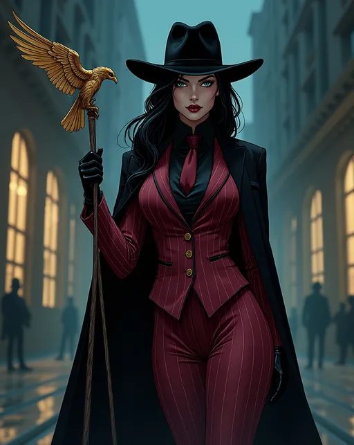 Prompt: photorealistic Graphic novel heroine The Siren is a Tall beautiful Eurasian woman with long raven hair, (piercing blue eyes), upturned brows, wearing a black fedora, black cape, maroon pin-striped suit with pencil skirt & black blouse, crimson tie, curvaceous bosomy figure, long shapely legs, black knee-length boots, holding a thick wooden staff with a golden hawk shaped headpiece, standing in the shadows outside an office building shrouded in dark mystery as she watches a suspected criminal, nightscape, sharp focus, capturing the dark suspense and danger of the dramatic scene, high detail & quality, 8k, film noir vibe, cinematic imagery.