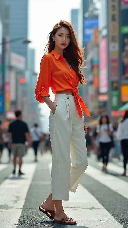 Prompt: Glamorously beautiful Japanese fashion model standing in Shibuya Crossing Tokyo, flawless face, long auburn hair, (gray eyes), curvaceous figure, wearing brightly colored silk blouse, linen slacks, leather sandals, natural light, (photorealistic), high-res, depth of field, cinematic, soft shadows, vibrant colors, chic fashion, bustling energetic atmosphere, modern Tokyo background, ultra-detailed, award-winning quality, professional photo, studio lighting.