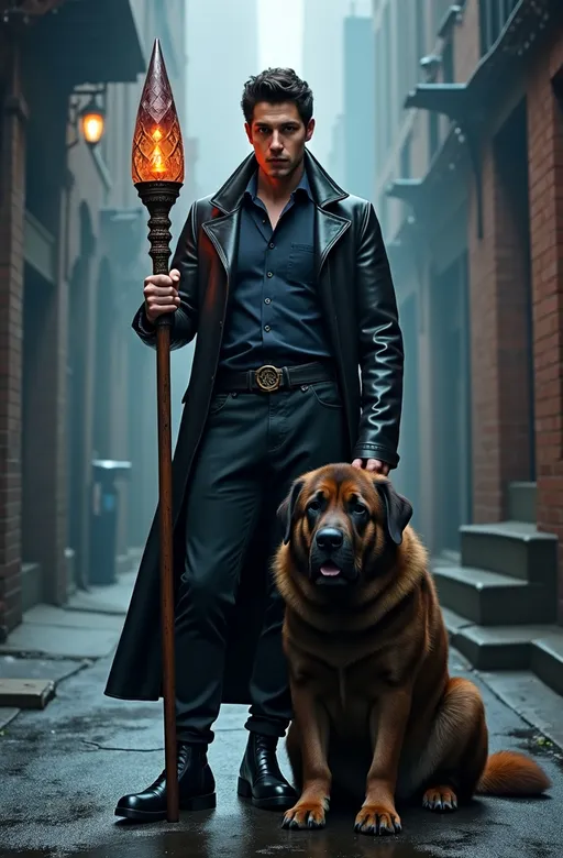 Prompt: Very tall wizard Harry Dresden, short dark hair, obsidian eyes, black leather duster, dark shirt & pants, black boots, knurled runic wooden staff (crystal staff headpiece glowing with magical power), handsome square face, brooding expression, standing in a dark alley, huge Tibetan Mastiff dog at his feet, misty atmosphere, dark and foreboding energy, cinematic photography, high detail & quality, 8k, well lit, professional photo.