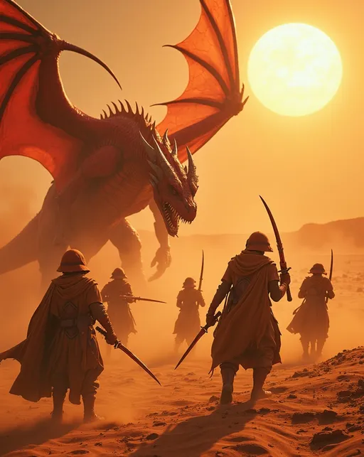 Prompt: Cinematic photo of a (group of nomadic warriors), wielding (laser swords)  clad in (tan cloaks, tunics, trousers, and boots), fighting a fierce and savage battle against  a (fearsome crimson Sand Dragon) in an (arid ochre desert) on an alien planet. (Two suns) blaze overhead, casting dramatic shadows. The atmosphere encapsulates gritty realism, with a strong sense of urgency and intensity. (Vibrant, dynamic scene), 8K resolution, (ultra-detailed), capturing every expression and motion in high-quality clarity.