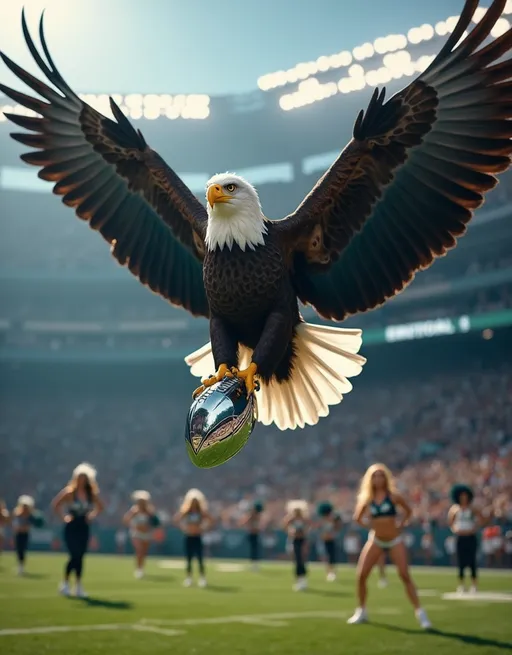 Prompt: Enormously huge bald eagle soaring majestically across a crowded football stadium, wings outstretched to showcase magnificent plumage, gripping a gleaming silver football-shaped trophy in its powerful talons. Philadelphia Eagles Cheerleaders visible in the background, Vibrant atmosphere filled with electrified fans, dramatic lighting casting shadows, intense focus on details, high-quality 8K resolution, ultra-clear, professional photography style capturing a breathtaking moment.