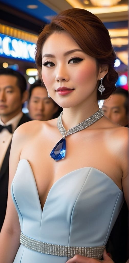 Prompt: Elegant Japanese woman, age 30, flawless skin, auburn hair, gray eyes, almond eyes, beautiful angular face, curvaceous figure, sophisticated white & sky-blue slimline dress, elaborate sapphire choker necklace, standing at the rail of a high end casino, formal dressed crowd, bustling scene, high-res, pro lighting, pro photography