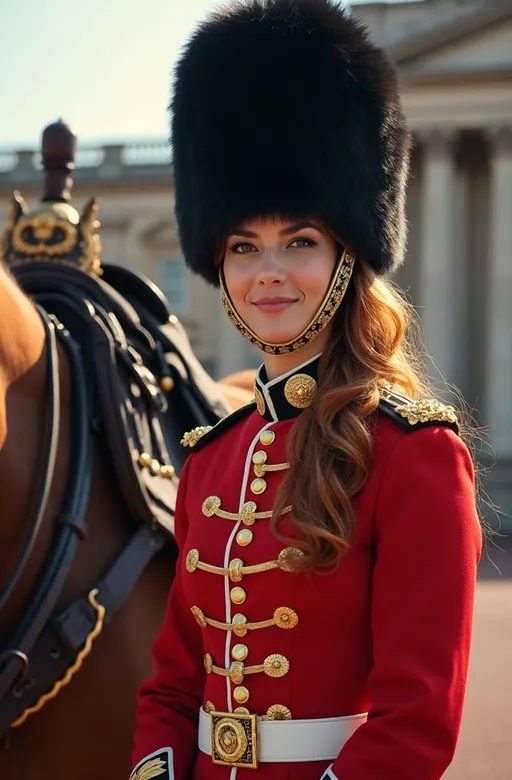 Prompt: Gorgeous palace guard woman in (traditional beefeater costume), adorned with a (bearskin hat), standing proudly beside a (huge horse) with an ornate saddle and leather tack, shimmering (silky cinnamon-auburn hair) cascading down, set on a glorious (sunny day) in front of the (Buckingham Palace gate), capturing a cinematic, vibrant atmosphere, ultra-high detail & quality, 8k resolution, (photorealistic masterpiece).