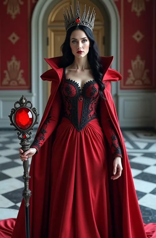 Prompt: Cinematic photo of Beautiful Red Queen, elegant (red silk gown) with high collar, black lace bodice, and (red velvet cape), intricate (black iron and ruby crown), stunning (pale skin), (jet black hair), striking (blue eyes), standing proudly, showcasing her curvy buxom figure, in a grand red and white (marble throne room) adorned with (maroon banners) and (tapestries), holding an ornate silver and black scepter with a huge glowing ruby gemstone (pulsing with magic energy), high detail & quality, (8k resolution), beautifully illuminated, highlighting her flawless diamond shaped face and piercing eyes, capturing her confidence grace and power, dramatic atmosphere, regal ambiance.