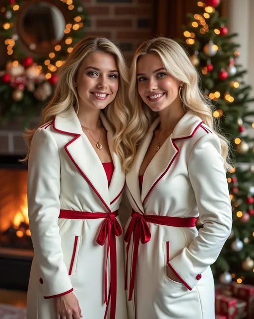 Prompt: (photorealistic) pretty plump blonde teen sisters, posing for a Christmas portrait, (elegant white velvet coat dresses), red silk trim & belt, (bosomy curvy physiques), (gorgeous chubby faces), cozy living room setting, warm happy vibe, inviting fireplace, beautifully decorated Christmas tree, soft golden lighting, perfect for a holiday atmosphere, (high detail), (8K resolution), pro photography quality.