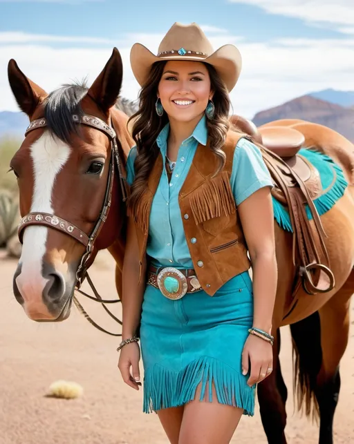 Prompt: Tall curvaceous Native-American woman, age 25, long brown hair with white highlights, grey eyes, beautiful diamond face, happy smile, turquoise jewelry, wearing a ((fringed suede vest, chambray short-sleeve shirt, brown suede pencil skirt with fringe, brown suede boots, brown cowboy hat with silver and turquoise band)), standing in front of a palomino horse, desert cactus background, high-res, professional photograph, daylight, western scene, high detail, realistic textures, elegant beauty, Native-American woman, suede clothing, fringed attire, modern southwestern fashion