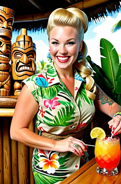 Prompt: candid shot of a (breathtaking blonde cocktail waitress), mixing vibrant colorful drinks, (tropical tiki bar), sunny outdoor setting, finely carved wooden tikis, lively tiki decorations, creatively arranged tiki mugs, dressed in a tropical print blouse, khaki shorts, stylish sandals, hair styled in an updo, smiling with a (flawless round face), capture her full slightly paunchy figure, bright and cheerful ambiance, (photorealistic, high-res, filtered sunlight illuminating the scene, professional photo), inviting summer vibe.