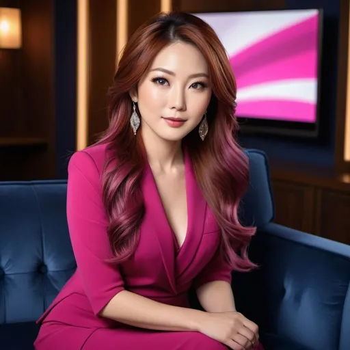Prompt: Beautiful Japanese woman, vibrant gray eyes, long windblown auburn-magenta tinted hair, sitting on a navy sofa hosting a TV show, stage light, high-res, pro photo, professional, stylish, elegant, detailed features, stage setting, warm lighting, modern, city fashion, chic, tv presenter, 4k, stage spotlight, glamorous, city chic, stylish outfit, elegant design, detailed hair, focus on eyes
