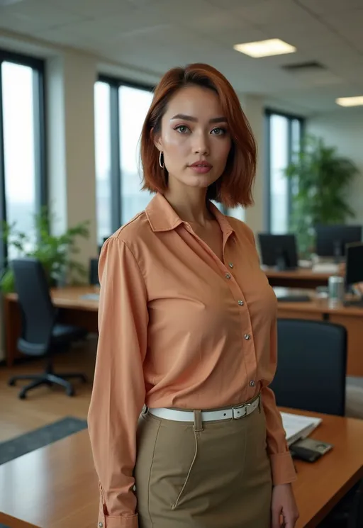 Prompt: (((curvy tall beautiful Eurasian woman))), (bob-cut) silky chestnut-auburn hair frames her gorgeous angular face, ((jade green eyes)), upturned nose, arched brows, dark eyeliner, pink lips, silver jewelry, apricot blouse, khaki skirt, white belt, brown oxfords, standing in a busy & crowded professional office, teak desk, potted palms, computers, file cabinets, floor to ceiling windows in high rise building, high detail & quality, 8k, pro photo
