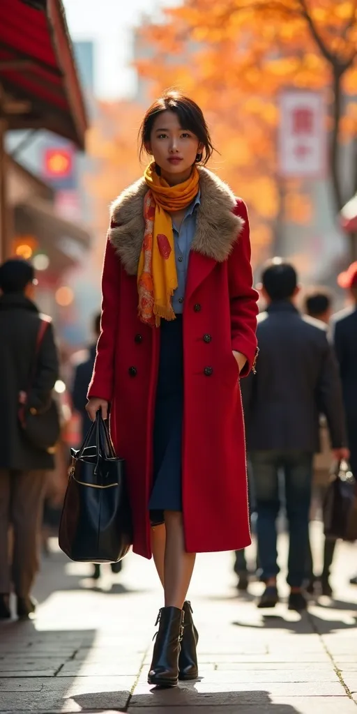 Prompt: A beautiful Japanese woman, elegant red wool coat with faux fur trim, light blue blouse, navy blue skirt, black leather boots, vibrant yellow & orange silk scarf, navy shoulder bag, walking through a bustling Ginza Market in Tokyo, surrounded by colorful autumn leaves, bright sunlight casting warm tones, capturing the lively atmosphere of the marketplace, high detail & quality, 8K, professional photography.