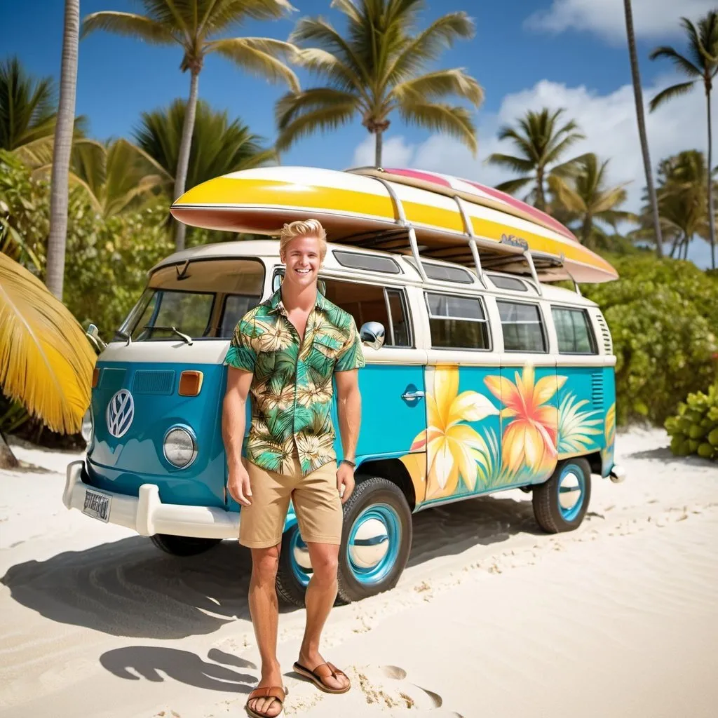 Prompt: Handsome blonde man, age 21, wearing a tropical print shirt and khaki shorts, and leather sandals, loading a surfboard onto the roof of a 1969 VW bus, sunny, tropical beach background, happy vibe, high-res photo