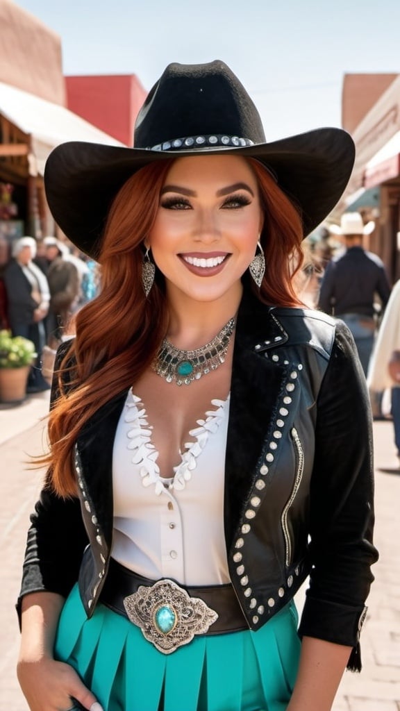 Prompt: Beautiful woman with flawless diamond face, olive skin, long auburn-red hair, green eyes, curvaceous figure, wearing a black vaquero hat, black bolero jacket, white blouse, fringed black suede skirt, black boots with silver & turquoise trim, smiling, standing in a crowded New Mexico street market with red-brown stucco buildings in background, daylight, high-res, professional photo, sharp focus, high detail, high quality, elegant woman, dynamic pose, happy expression