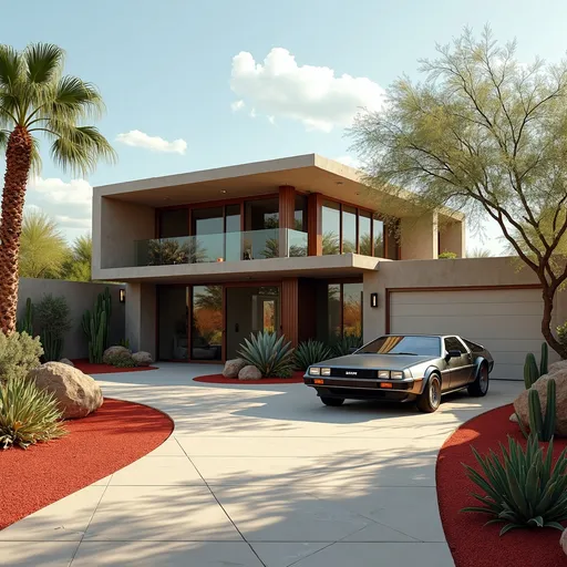 Prompt: Ultra modern 2-story house, featuring an arched concrete roof and tall steel-framed windows, nestled in a desert southwest location among vibrant red sand and rocks. A lush cactus and succulent garden enhances the environment, highlighted by a low stucco wall and a serene courtyard with elegant date palms. A sleek DeLorean sits prominently in the long paver driveway, all captured in stunning, sunny 8K detail, embodying pro photo quality.