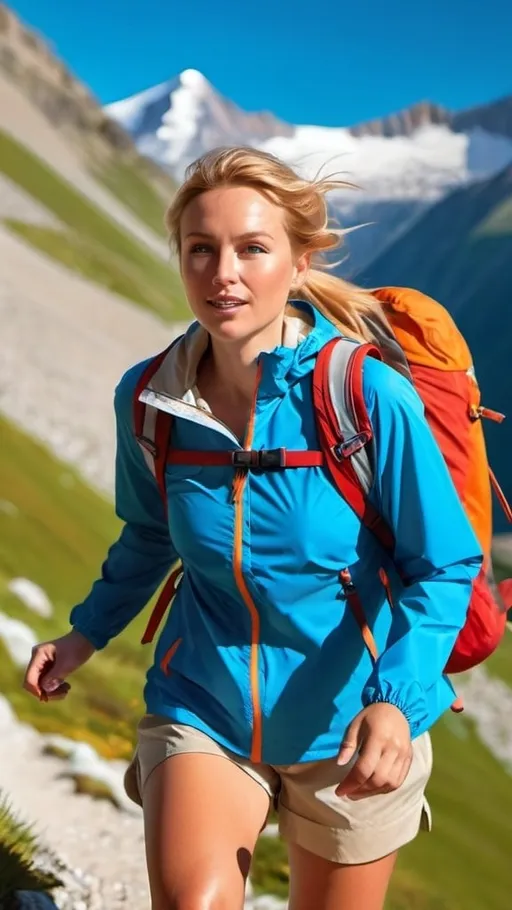 Prompt: Athletic young woman hiking on an Alpine mountain trail, spectacular scenery in the background, bright colored windbreaker, white shirt, khaki shorts, brown leather boots, orange backpack, red cap, windswept blonde hair, blue eyes, pretty round face, curvaceous figure, long fit legs, sunny day, high-res, pro photo, magazine quality photo, dynamic pose, fluid motion, active scene, suntanned Caucasian woman