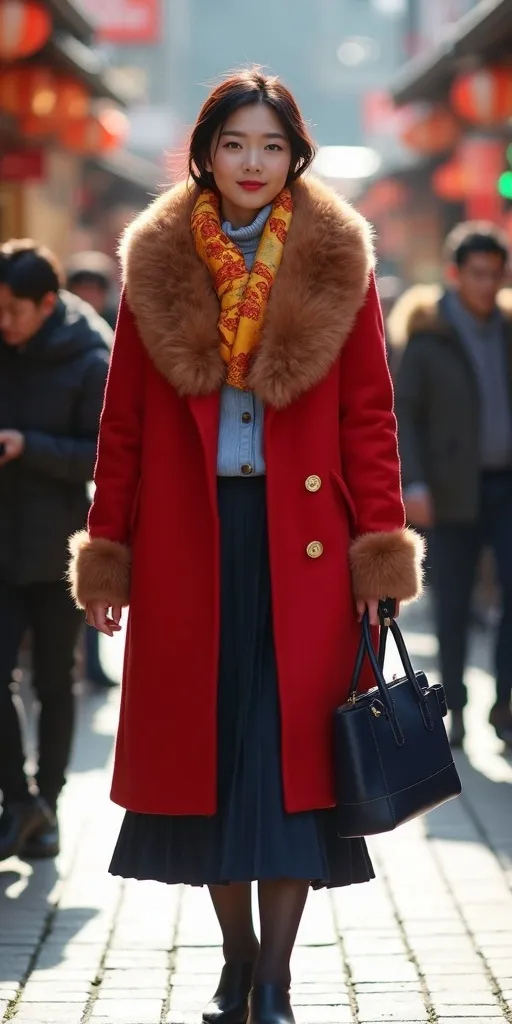 Prompt: A beautiful Japanese woman, elegant red wool coat with faux fur trim, light blue blouse, navy blue skirt, black leather boots, vibrant yellow & orange silk scarf, navy shoulder bag, walking through a bustling Ginza Market in Tokyo, surrounded by colorful market stalls and busy shoppers, bright sunlight casting warm tones, capturing the lively atmosphere of the marketplace, high detail & quality, 8K, professional photography.