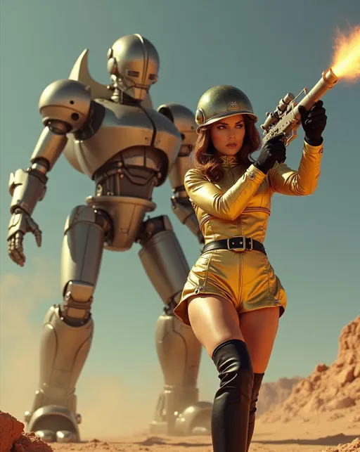 Prompt: (Beautiful retro futuristic sci-fi astronaut woman), wearing a (metallic gold space suit with miniskirt) black leather belt and boots and a (silver helmet with open visor), holding a Buck Rogers style ray-gun, features a fierce expression on her (gorgeous golden-ratio face), striking (green eyes), (chestnut hair), standing on a colorful alien planet, shooting her ray-gun at a massive alien robot creature, (well lit) with (high detail) portrayal, capturing a moment of combat in a cheesy low-budget movie atmosphere, emphasizing her curvaceous bosomy physique, (8K resolution) and a (cinematic atmosphere) for an extraordinary visual experience.