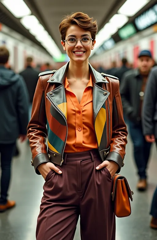 Prompt: photorealistic, 8K resolution, (stunning) tall curvy model, (joyful) expression, flawless diamond face, chestnut pixie hair, striking green eyes, silver (square frame) glasses, colorful geometric pattern leather jacket, apricot blouse, herringbone pattern eggplant culotte, stylish suede boots, leather shoulder bag, emphasize her (ample curvy physique), bustling London Metro station, (highly detailed), dynamic lighting, (vibrant atmosphere), (urban freshness), professional photography quality.