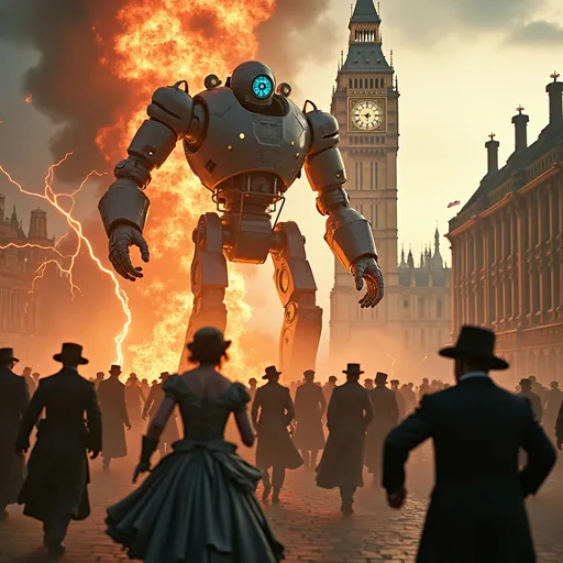 Prompt: (Terror stricken people), men and women in (elaborate Victorian clothes), fleeing in panic, giant (steampunk robot) causing widespread destruction, flames engulfing Big Ben, thick smoke swirling amidst chaos, vibrant sunlight piercing through the mayhem, expressions of fear in their faces, arcing beams of electric energy, highly detailed scene, (photorealistic), (8K), cinematic composition, intense atmosphere, capturing a moment of dramatic horror and urgency.