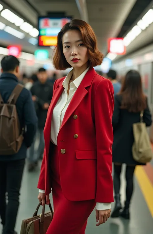 Prompt: (photorealistic) Beautiful elegant young Japanese woman, flawless round face, chic short bob style chestnut hair, curvy figure emphasis, sophisticated outfit: red blazer & pencil skirt, white blouse, black fashion boots, khaki canvas tote bag, crowded Tokyo train station, vivid atmosphere, hustle and bustle, neon lights reflecting, intricate details in the background, high detail & quality, 8K resolution, professional photography, vibrant energy.