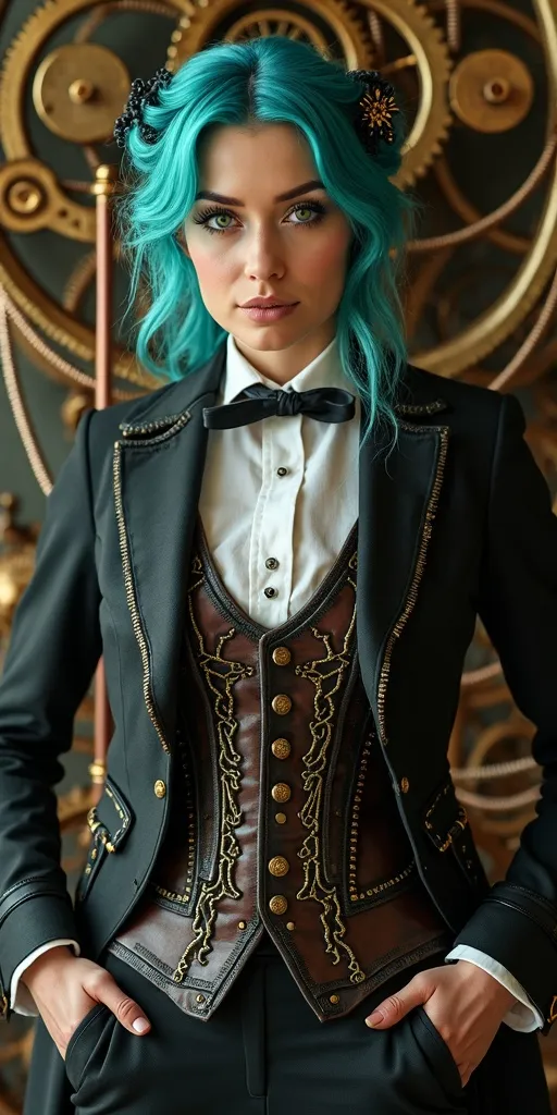 Prompt: Steampunk woman, elegantly dressed in a Victorian suit adorned with leather and brass accents, standing confidently in front of a Rube Goldberg device. Her striking cyan hair framing a perfectly detailed face with mesmerizing green eyes. Emphasizing the unique clockwork gearing and vintage technology of the machine with brass copper glass tubes wires skeletal steel details, the scene illuminates with a soft daylight glow, capturing every aspect in stunning 8K resolution for an ultra-detailed experience.