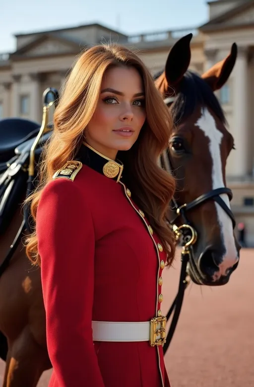 Prompt: Gorgeous Palace Guard woman in (traditional beefeater costume), elegantly posed beside a (huge horse) adorned with an (ornate saddle and leather tack), showcasing her (silky cinnamon-auburn hair) flowing in a gentle breeze. Set against the majestic backdrop of (Buckingham Palace gate) under a beautifully (sunny day). Rich in detail and texture, high-quality (8K resolution), strikingly vivid colors, and (photorealistic) finish make this image a masterpiece.