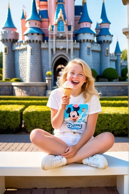 Prompt: Pretty adolescent girl, blonde, blue eyes, white tee, white denim shorts, white sneakers, happy expression, perfect hands, enjoying an ice cream cone, sitting on a bench, Disney Castle background, sunny summer day, high-res, youthful, photo-realistic, bright and sunny lighting