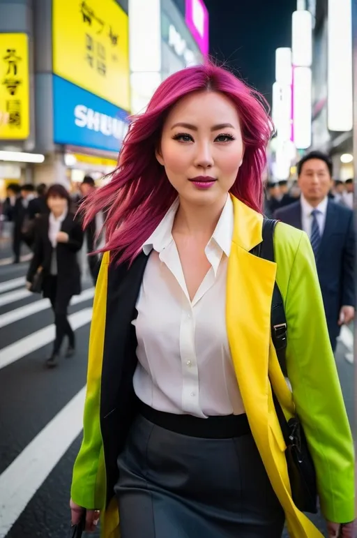 Prompt: Beautiful Eurasian woman walking in busy Shibuyan Crossing Tokyo, nightscape, flawless oval face, vibrant green eyes, long auburn-magenta-pink tinted hair, yellow jacket, white blouse, dark gray skirt, black boots, fluid dynamic movement, high-res, pro photo, urban, vibrant colors, detailed facial features, elegant, professional lighting