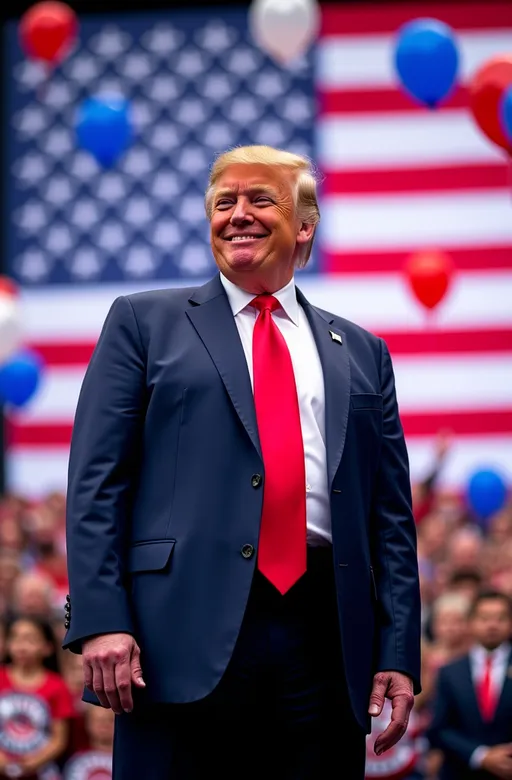 Prompt: (smiling Donald Trump), dark blue suit, red tie, huge American flag backdrop, stage setting, red, white & blue balloons falling from above, vibrant stage lighting, celebratory atmosphere, patriotic vibe, ultra-detailed, photorealistic, HD quality, dynamic composition, festive ambiance, 8K resolution.