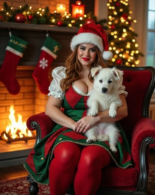 Prompt: Christmas costumed Court Jester woman, (vibrant) (green & red harlequin patterned) vest blouse & skirt, red tights, green boots, beautiful curvy plump young woman with gorgeous face details, cinnamon-blonde hair, Santa hat with white trim. Sitting in (cozy) Christmas decorated parlor, (adorable fluffy white puppy in her lap), stockings adorning the fireplace mantle, (warm holiday ambiance), bright warm golden lights illuminating the scene, surrounded by festive decor, well lit (photorealistic postcard style), ultra-detailed, 8k resolution, evoking a cheerful holiday spirit, inviting imagery celebrating the festive season.