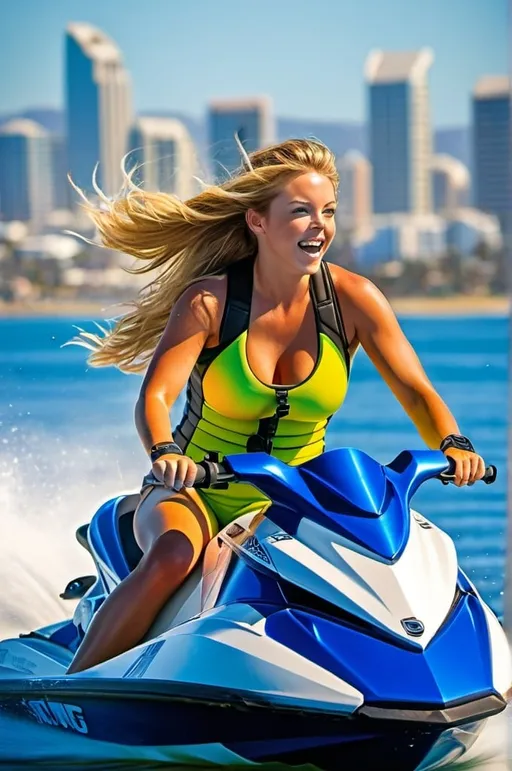 Prompt: Beautiful suntanned young woman jet-skiing on San Diego Bay, windswept blonde hair, blue eyes, San Diego skyline in the background, outdoor, daylight, dynamic, detailed motion, high-res, photo, sunny, vibrant colors, detailed waves, action shot, natural beauty