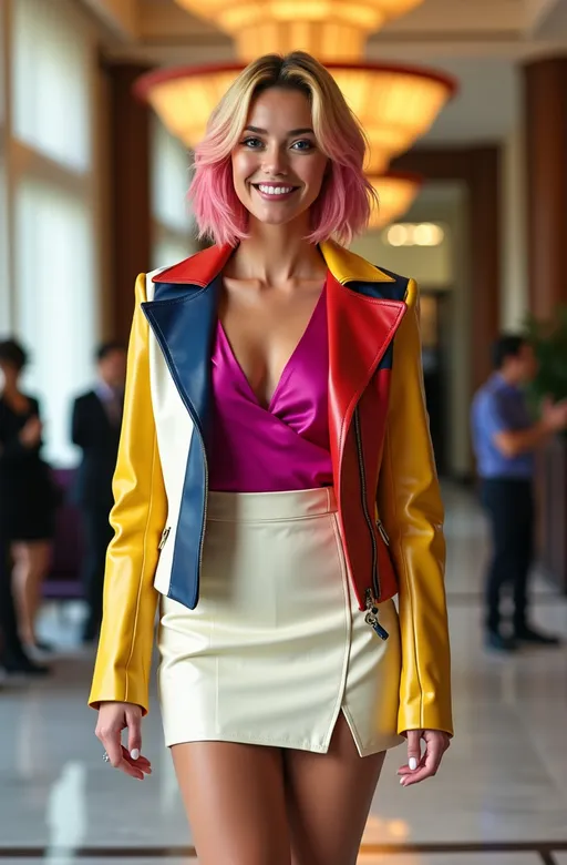 Prompt: Beautiful elegant tall curvy woman, (piercing blue eyes), (chic bob-cut yellow-pink-magenta hair), (gorgeous square face), (happy smile), (short Mondrian Cubism pattern leather jacket), fuchsia blouse, cream skirt with thigh slit, long legs, heels, (luxe lobby), (well lit ambiance), (high detail & quality), (8K resolution), (photorealistic), (professional photography), vibrant colors, luxurious atmosphere, cinematic depth.